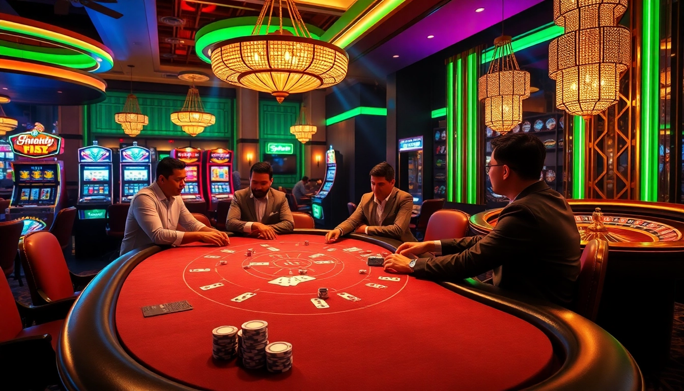 A captivating casino scene featuring vibrant gameplay at a poker table, emphasizing ทางเข้า soibet ล่าสุด and the excitement of gambling.