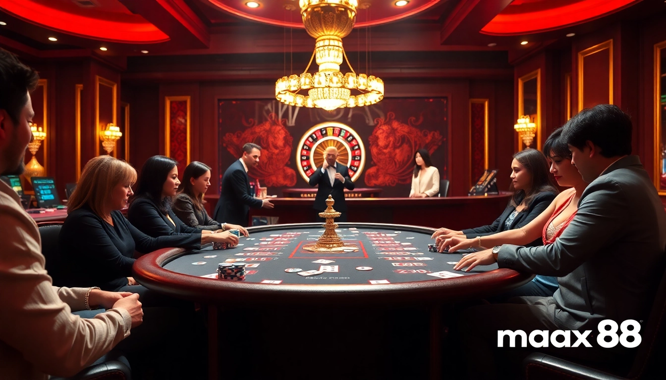 Engage in thrilling poker action at max88's luxurious casino, featuring vibrant chips and cards.