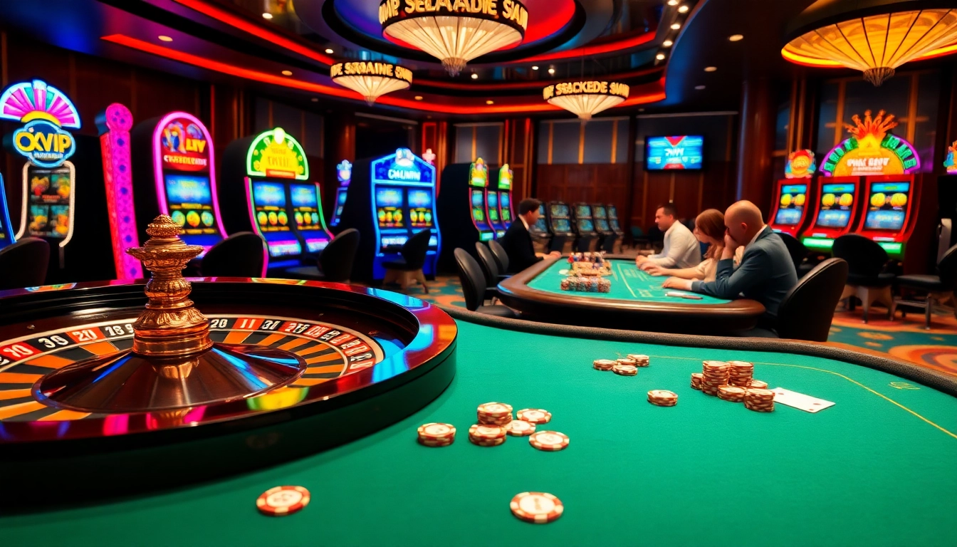 Experience thrilling gambling at okvip f168 with a vibrant casino scene featuring roulette and poker tables.