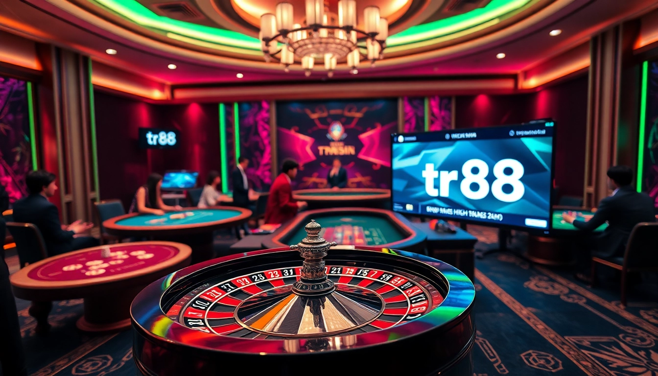 Engage in thrilling gaming at tr88, showcasing vibrant casino tables and lively betting actions.