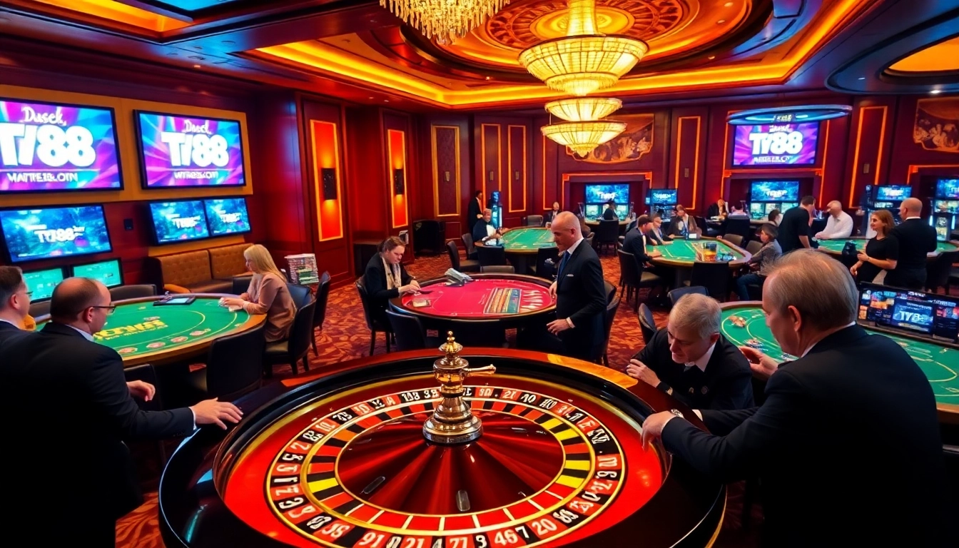 Players enjoying a thrilling casino experience featuring TV88's modern gambling environment with roulette and poker.