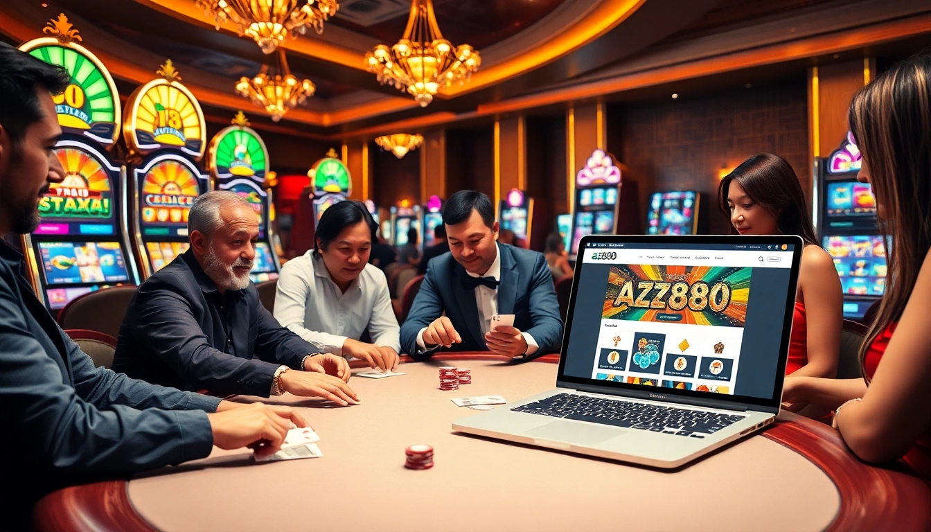 Engaging poker players at a luxurious casino table with az888 branding and vibrant slot machines.