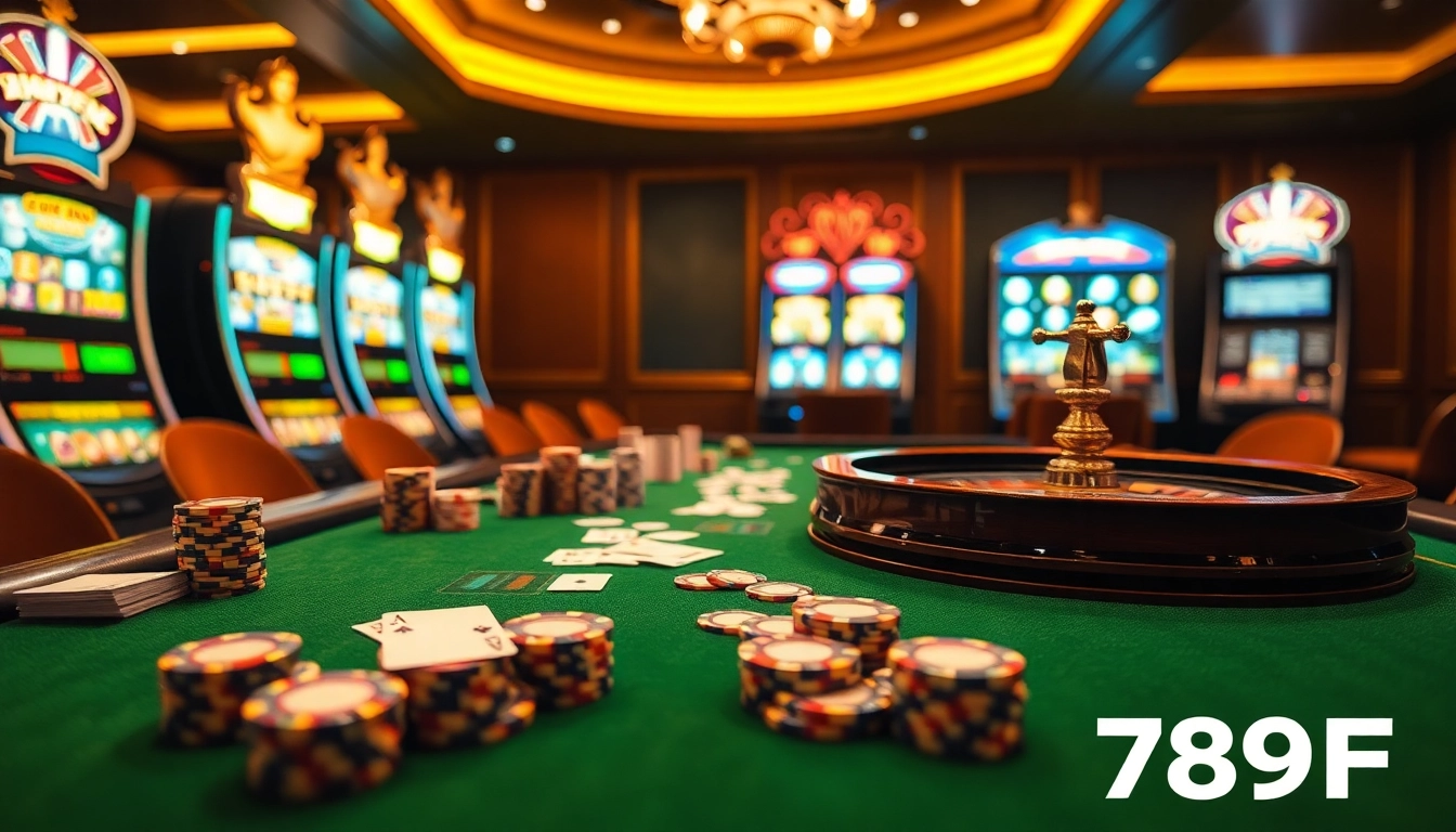 Experience the thrill of winning at 789F with a sophisticated casino atmosphere featuring poker chips and a roulette wheel.