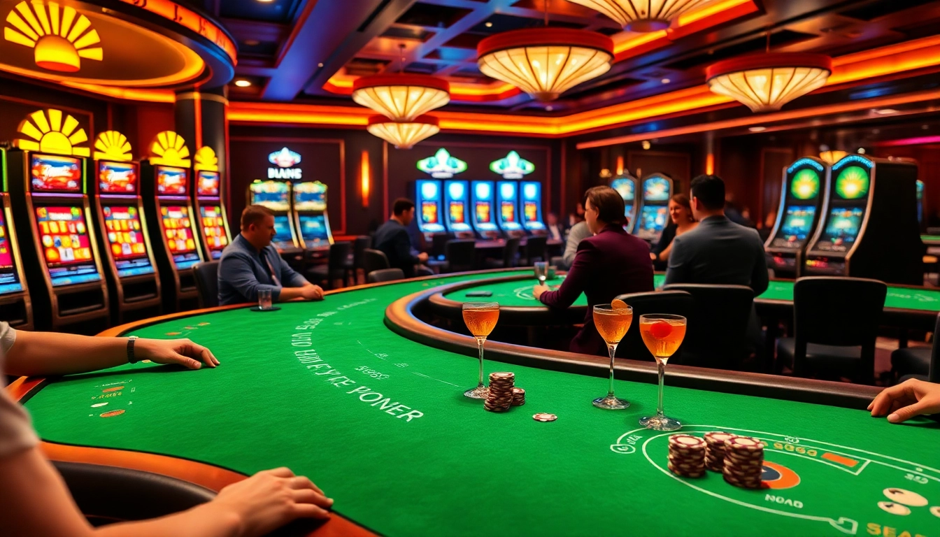 Exciting casino atmosphere featuring poker tables and vibrant s666 slot machines.