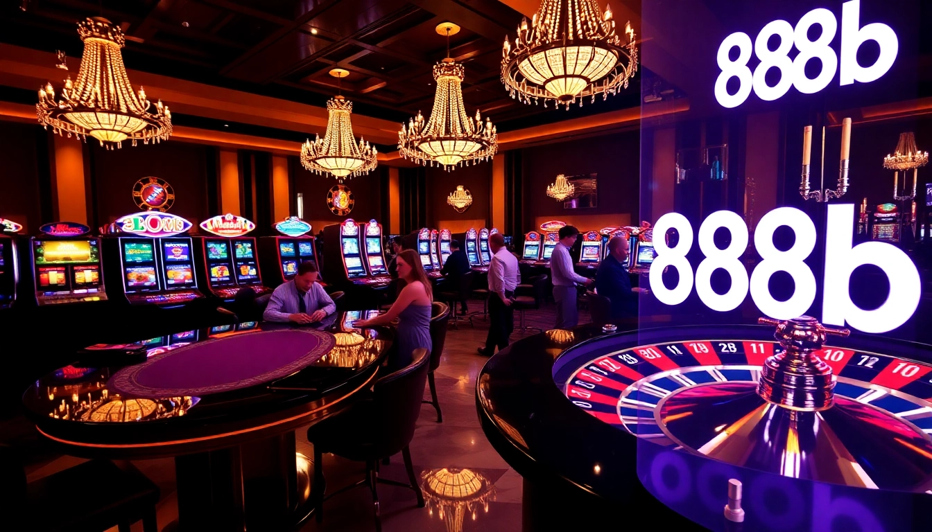 Experience the thrill of gambling at 888b with a luxurious casino interior setting.