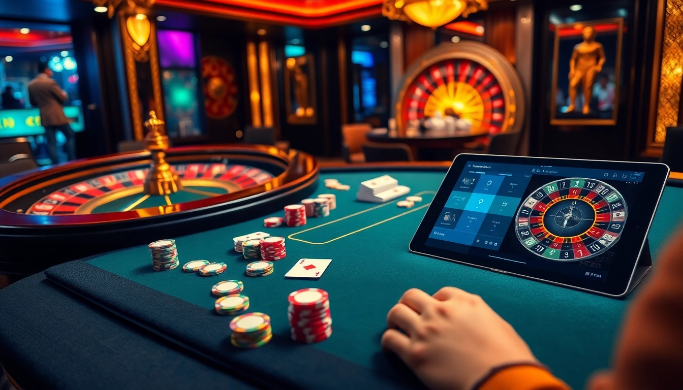 Engaging scene of vaoluoitv online gambling with poker chips and a roulette wheel.