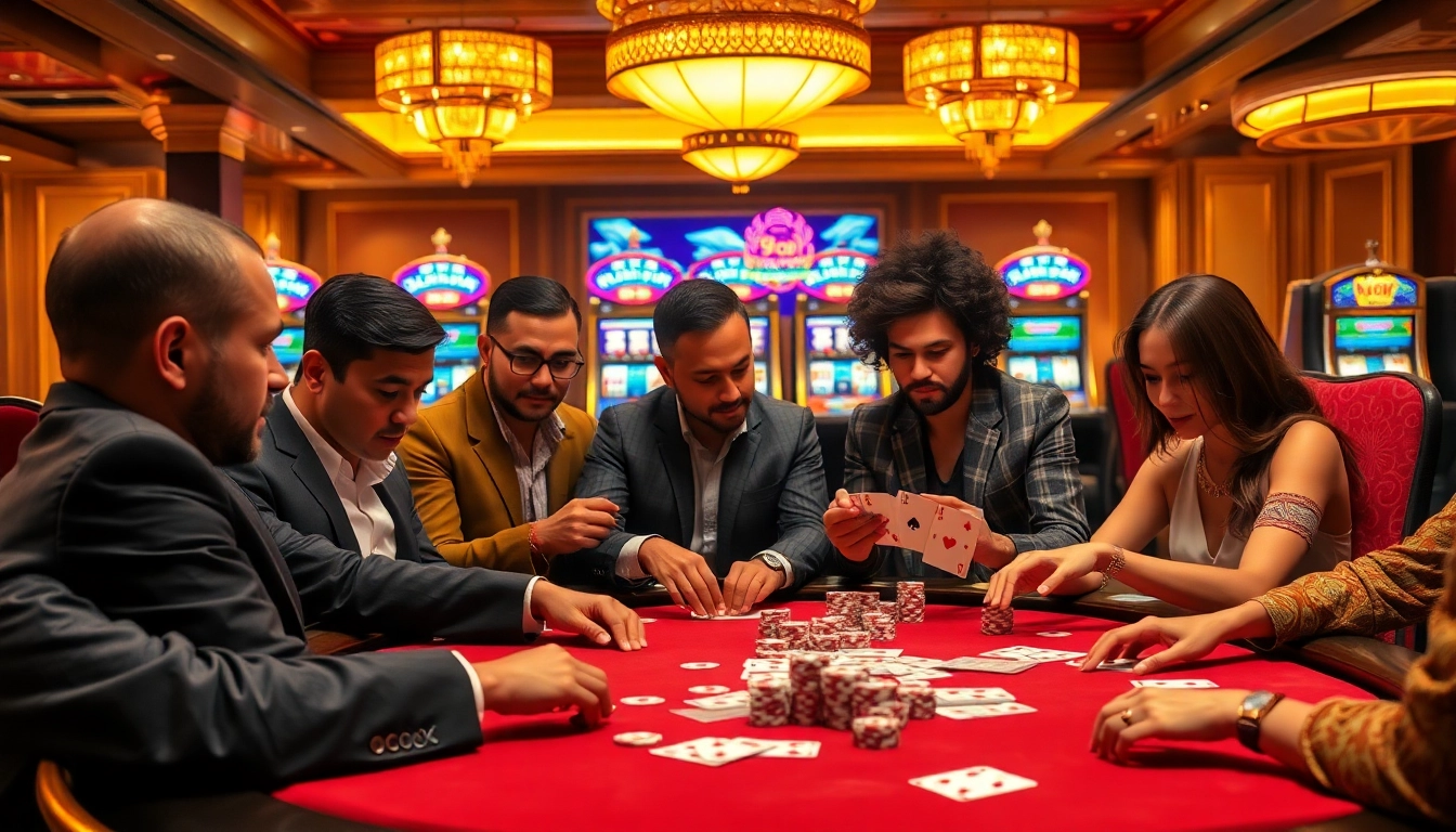 Intense poker game at 99ok casino featuring players and chips in a luxurious setting.