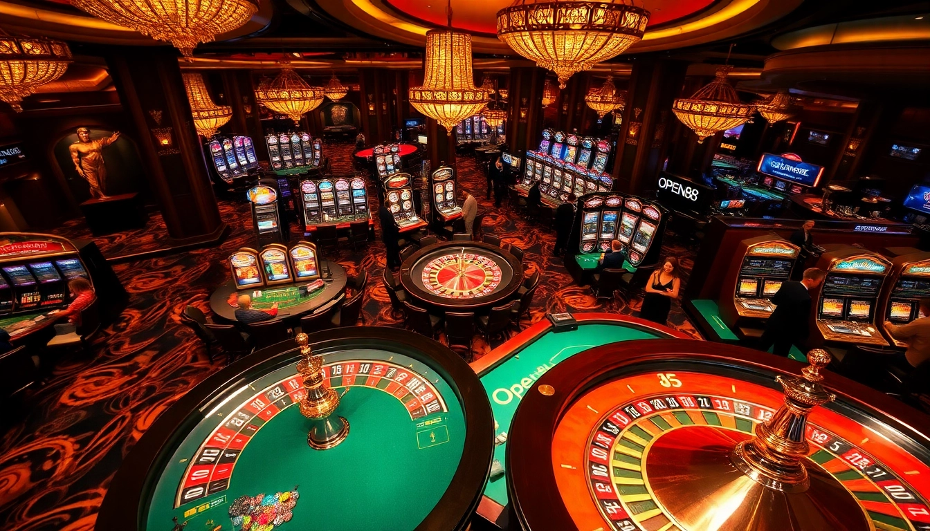 Experience the thrill of OPEN88 with players at a dazzling casino, enjoying roulette and slots.