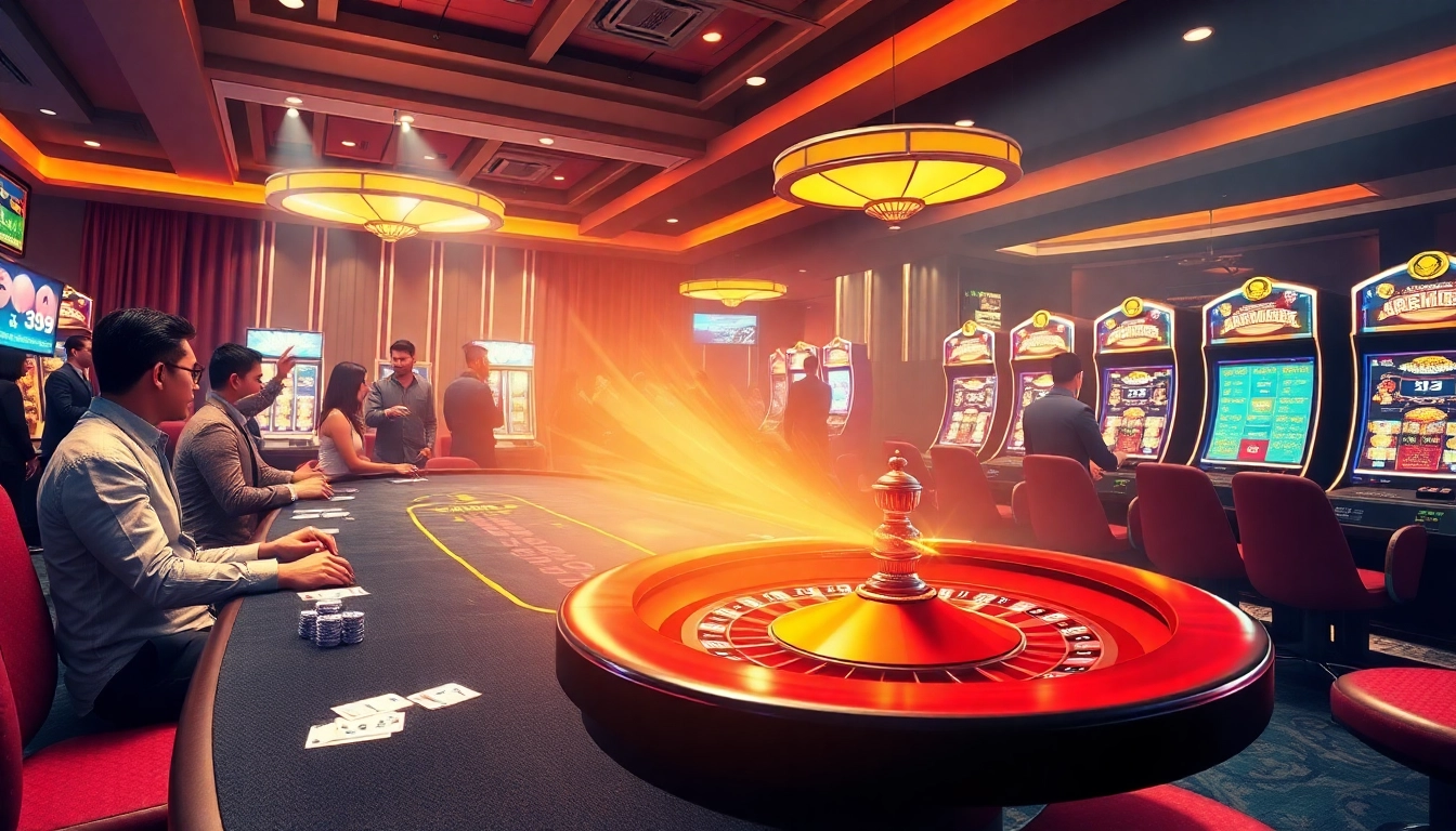 Experience the thrill of Game 33WIN with players enjoying poker and slot machines in a luxurious casino setting.