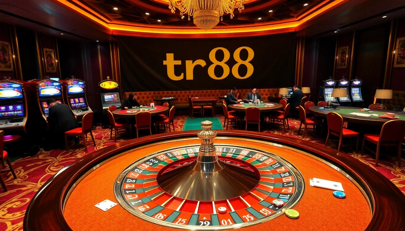 Experience the thrilling casino environment with tr88 logo at vibrant gaming tables.