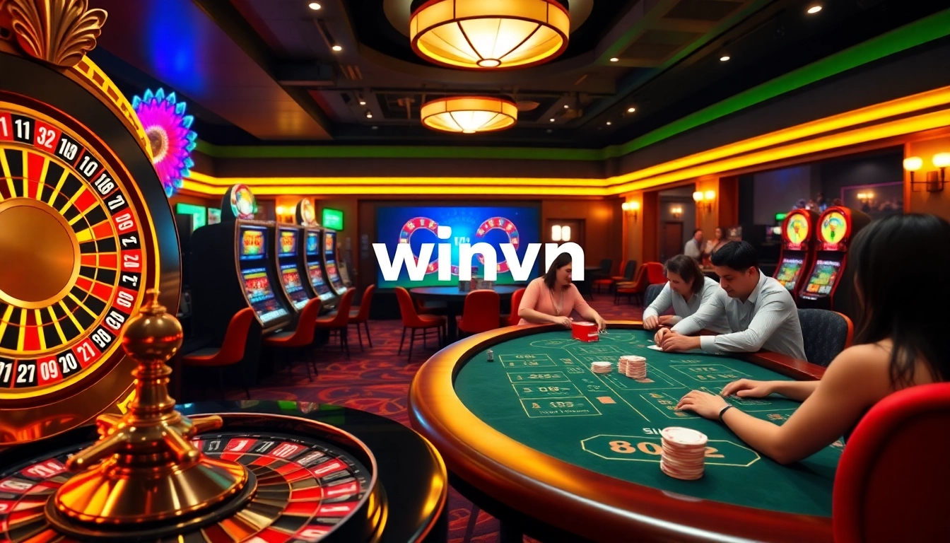 WinVN showcases exciting online gambling with roulette wheels and players at poker tables.