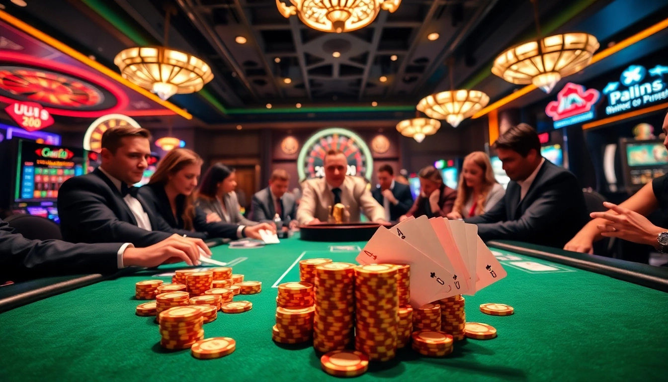 UU88 poker scene with excited players at a high-stakes table surrounded by vibrant casino elements.