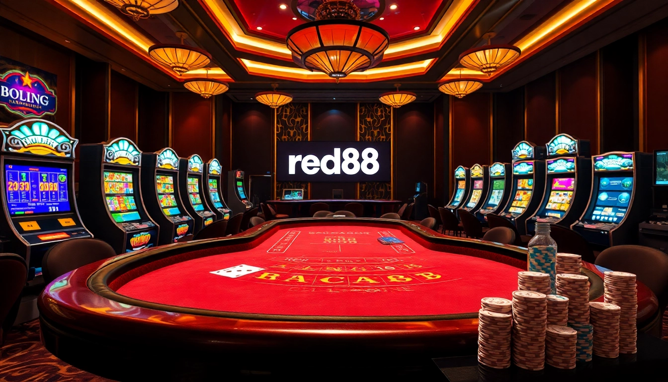 Experience astounding wins at red88 with a Baccarat table in a vibrant casino setting.