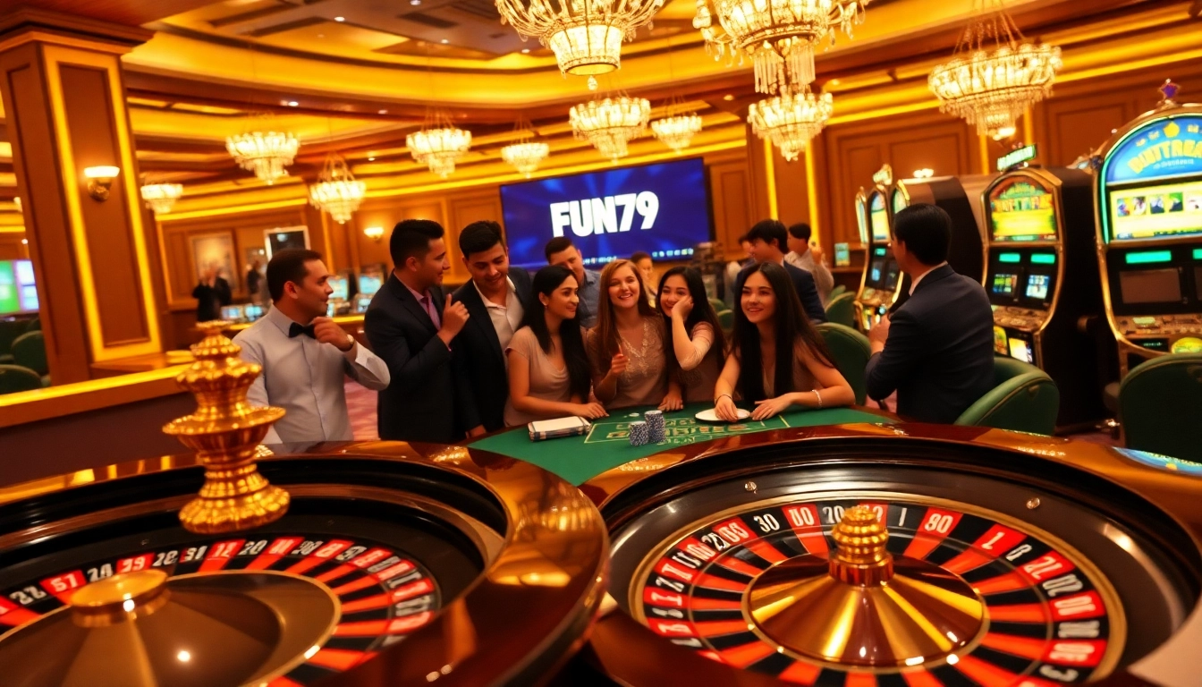 Players enjoying a thrilling gaming experience at fun79 casino with roulette and poker chips.