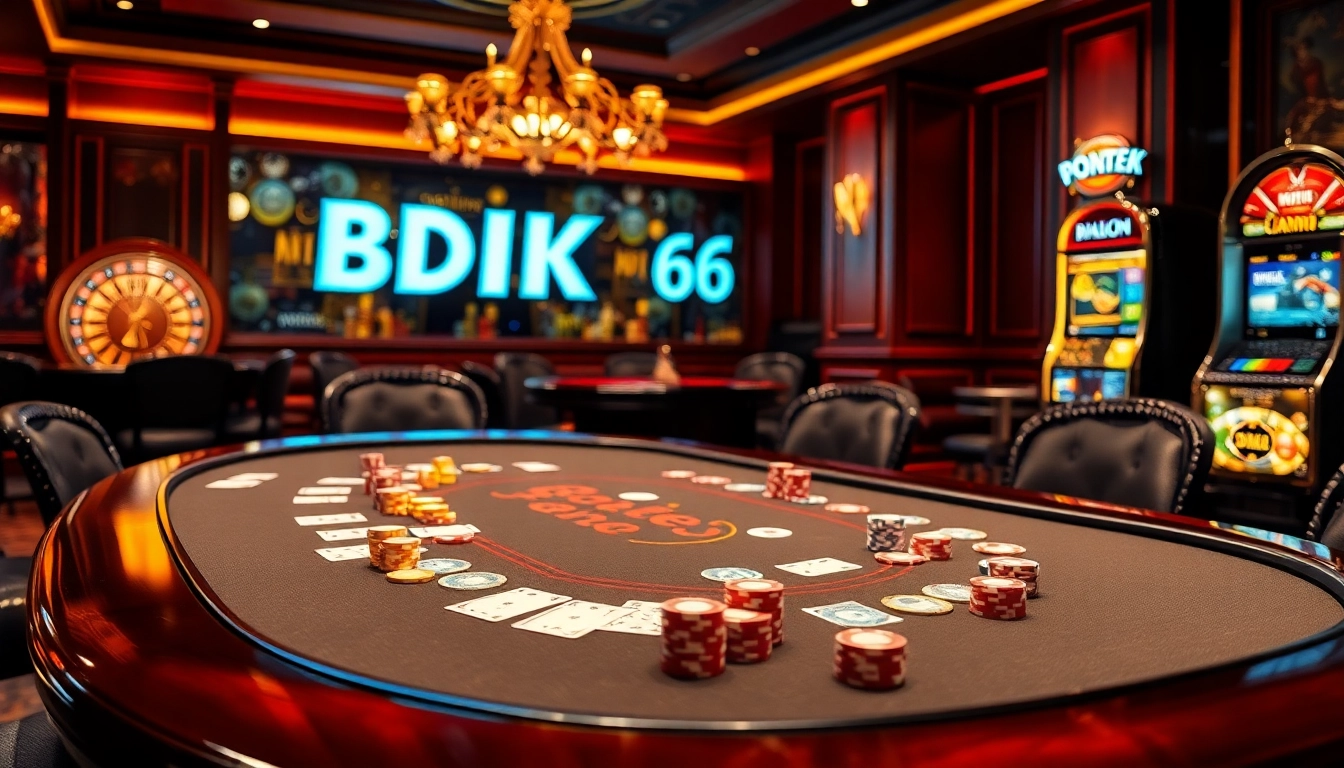 BDTK66 showcases a thrilling poker game in an elegant casino setting with vibrant colors and luxurious details.