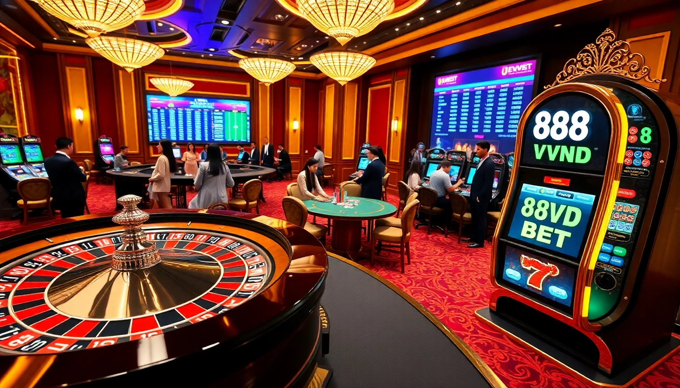 Experience the excitement of winning at 888VND BET with casino tables and vibrant slot machines.