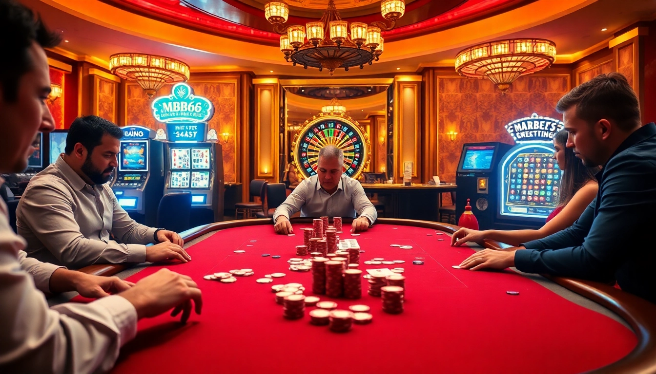 Experience MB66 đăng nhập at a luxurious casino, featuring intense poker gameplay with vibrant chips and cards.