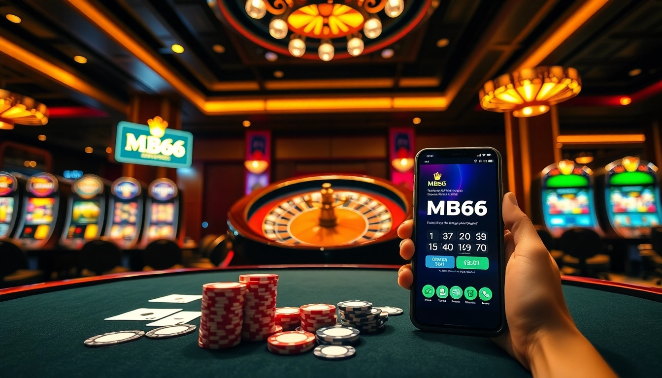 Exciting casino scene featuring MB66 with vibrant slot machines and poker tables.