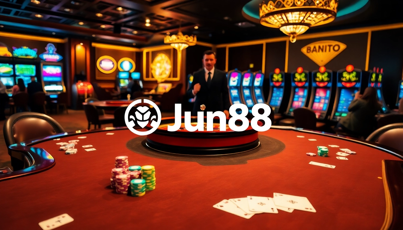 Gamble at Jun88 casino's upscale poker table with vibrant chips and cards.