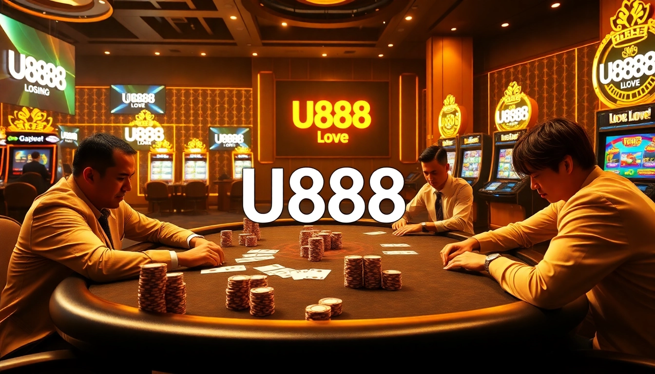 Experience the excitement of U888 Love at a luxurious poker table with vibrant casino elements.