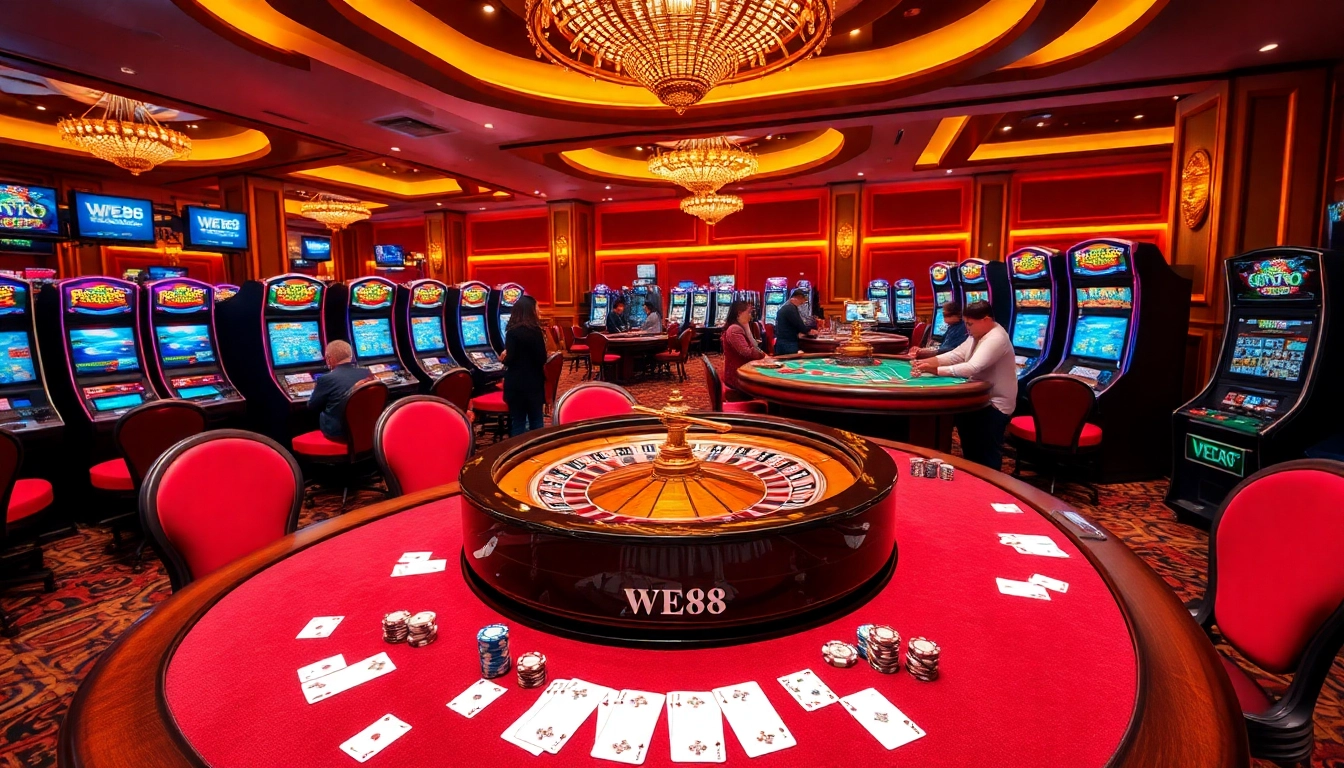 WE88 players enjoying an exciting casino experience with vibrant games and luxurious tables.