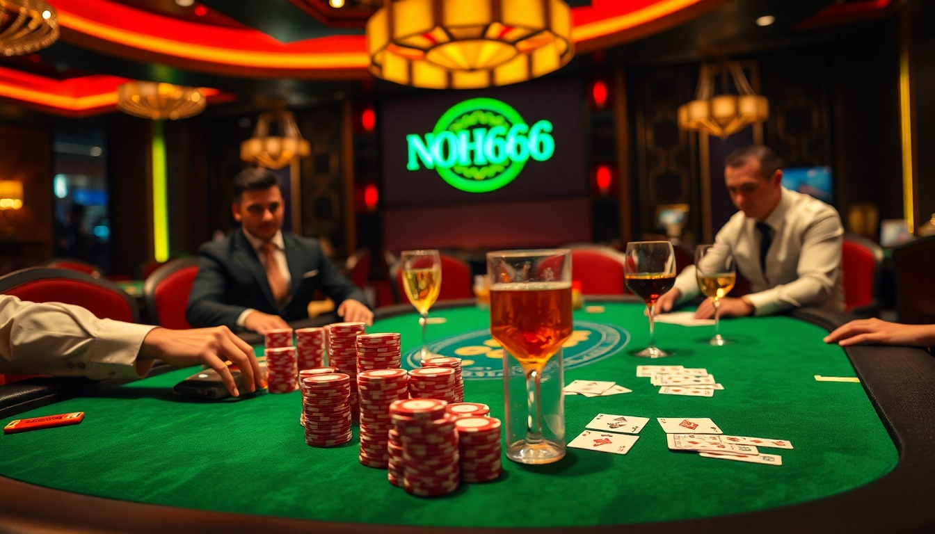 Excitement at the NOHU666 casino with poker players and colorful chips on the table.