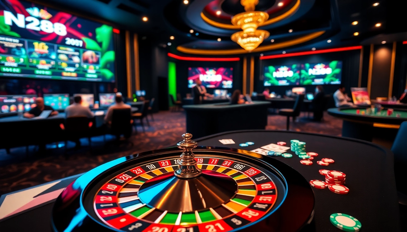 Experience the excitement of NH88's casino games with roulette, poker chips, and a live dealer atmosphere.