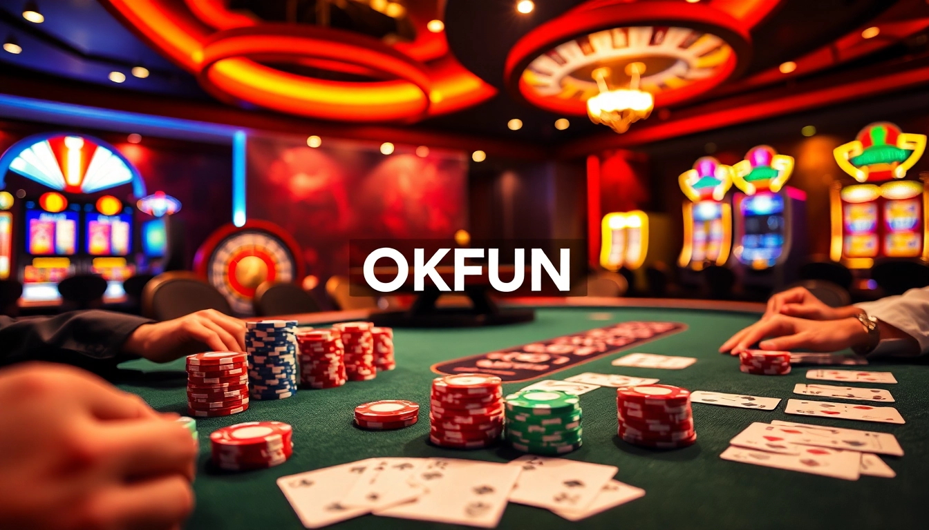 Experience the thrill of winning at a poker table with OKFUN đăng ký branding, vibrant chips, and exciting gameplay.