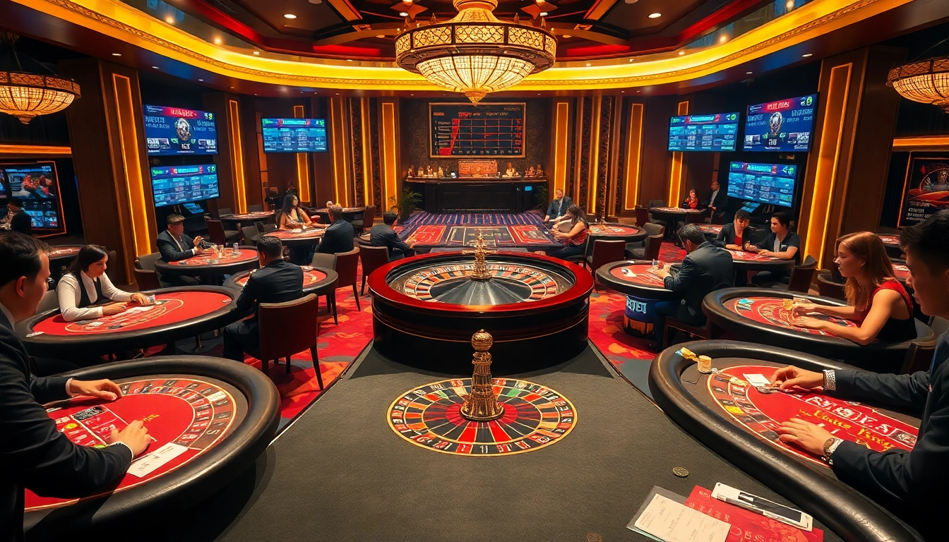 Engage with kèo nhà cái 5 at a luxury casino featuring vibrant tables and dynamic betting screens.