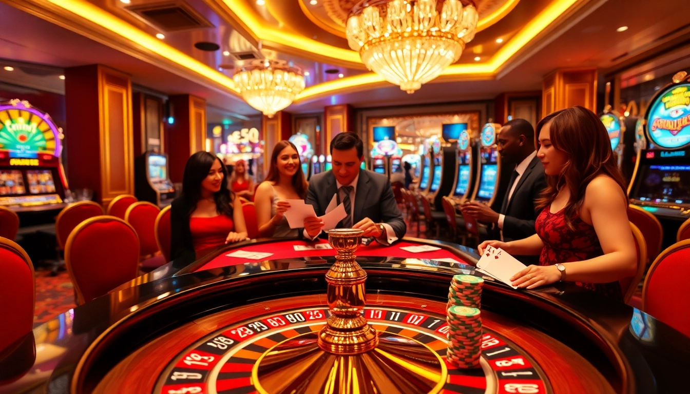 Engaging VIP players at LUCK8 in an upscale casino environment with vibrant games.