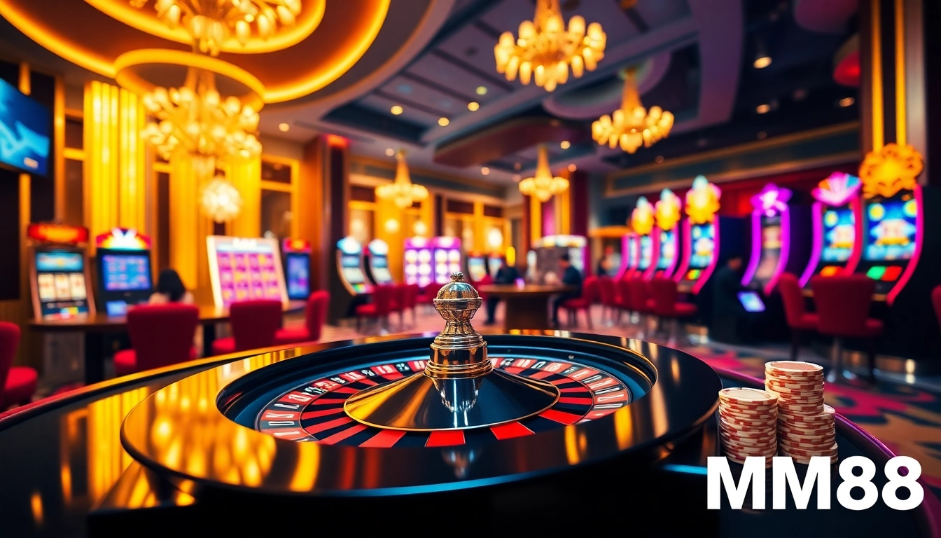 Exciting gaming action at MM88 with vibrant slot machines and poker chips.
