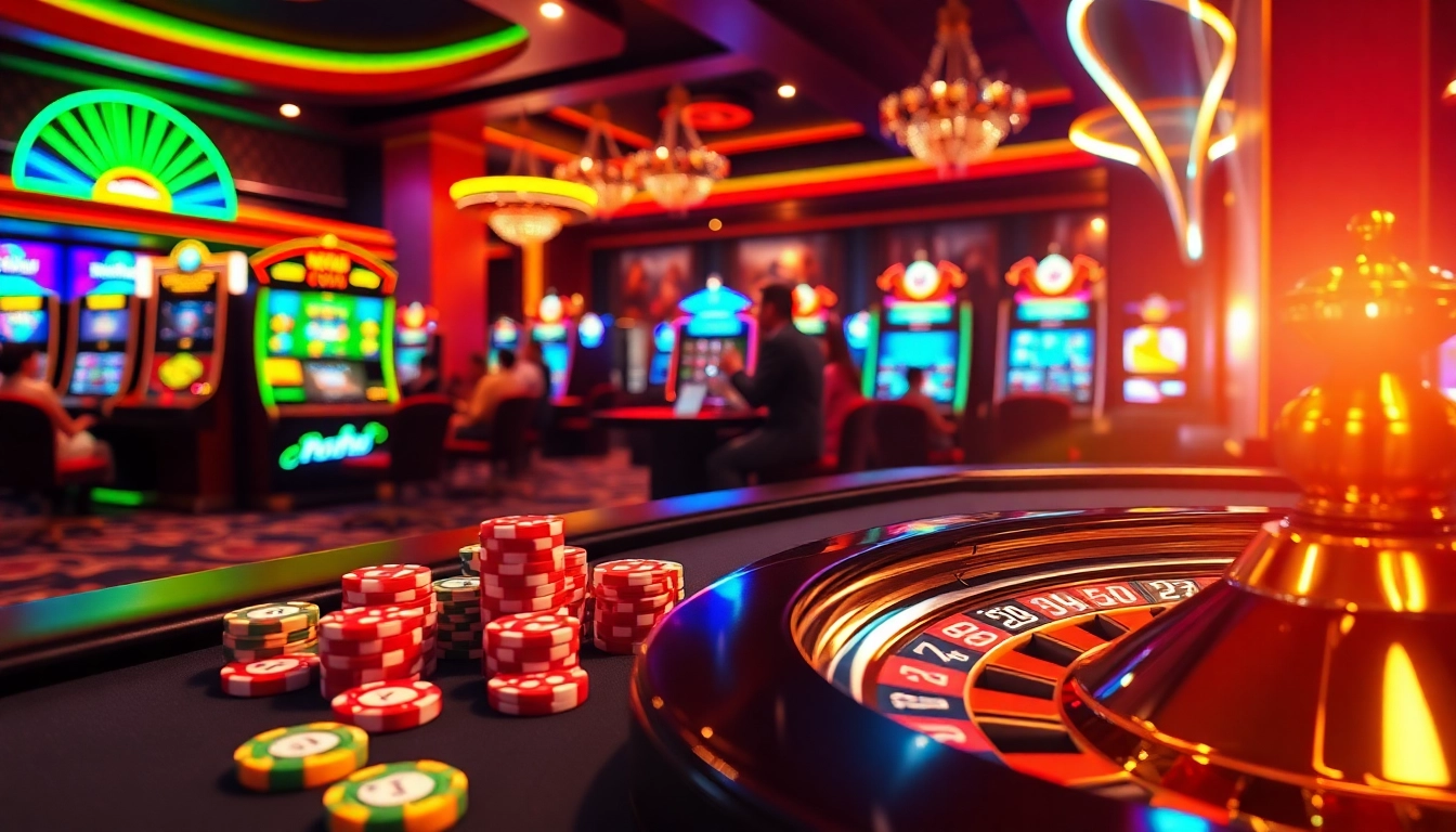 Nohu gaming excitement at a luxurious casino table with vibrant chips and slot machines.