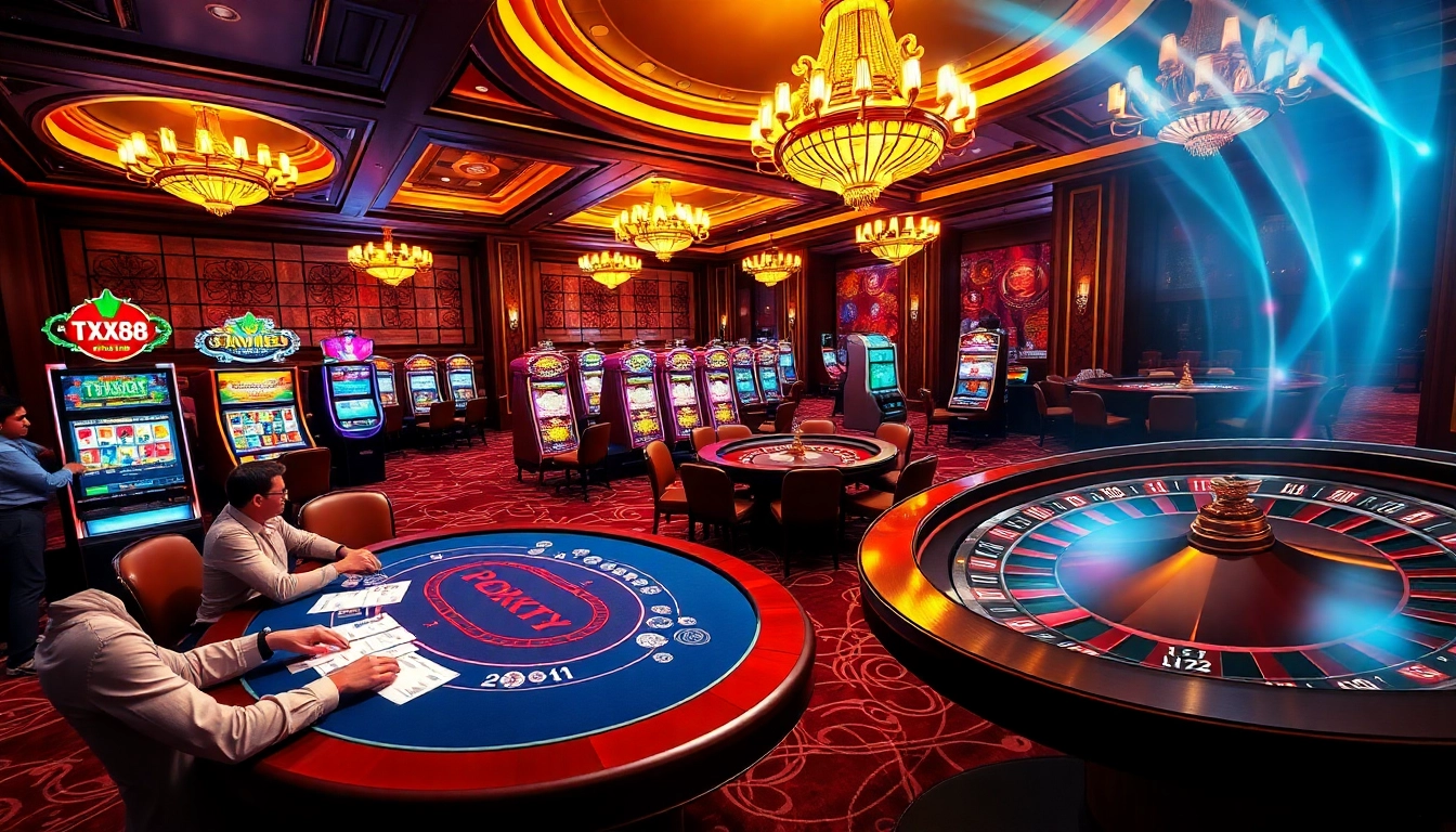 A vibrant casino scene showcasing TX88 with excited players at the poker table and slot machines.