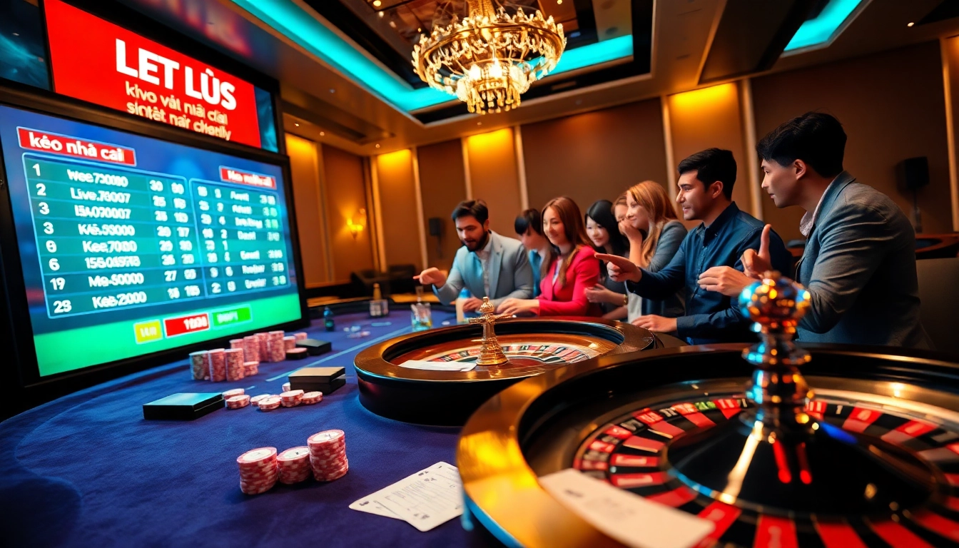 Gamblers analyzing kèo nhà cái odds at a luxurious casino table filled with chips and cards.
