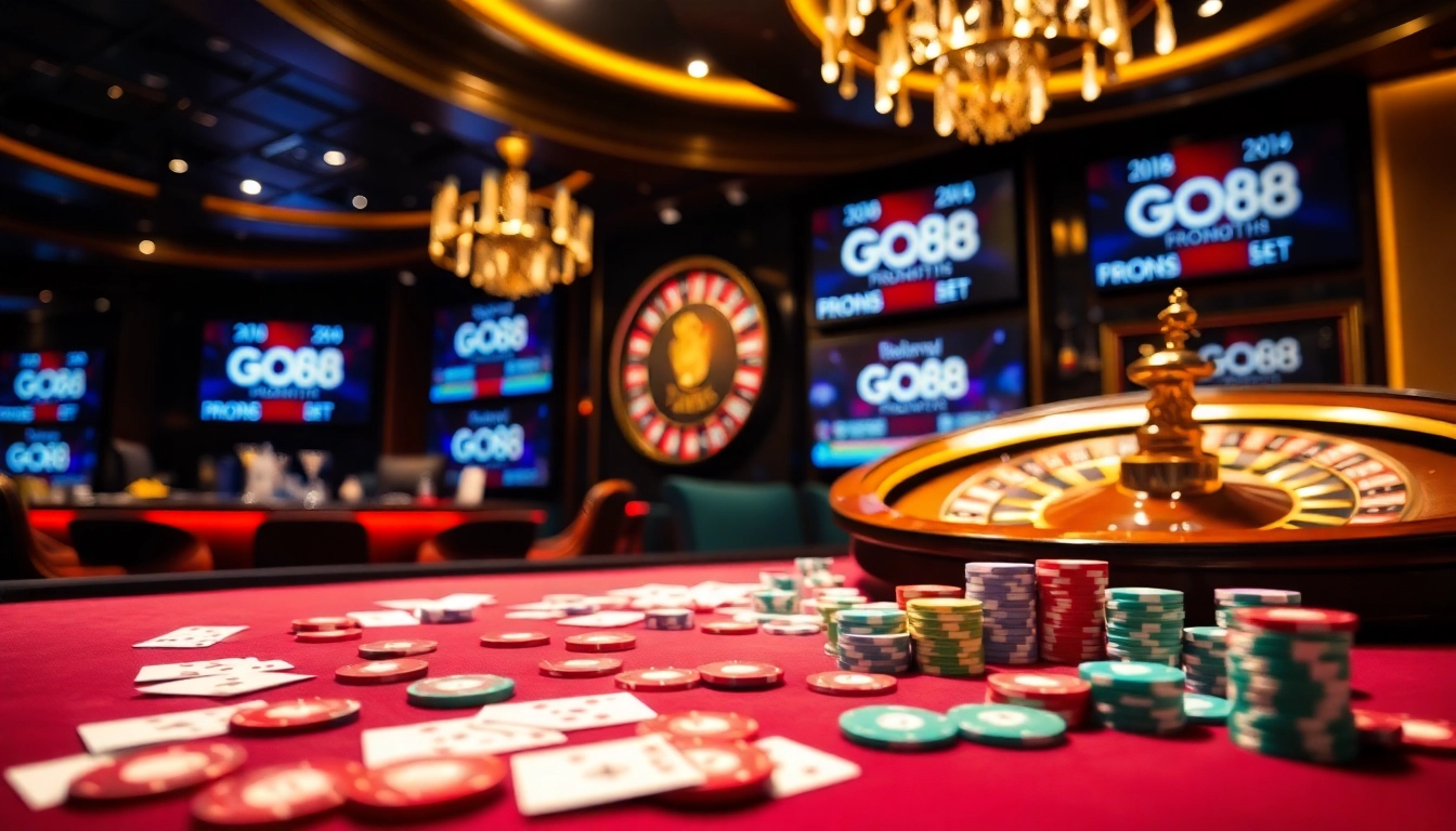 Experience the excitement of go88 at a luxurious casino with vibrant poker chips and a spinning roulette wheel.
