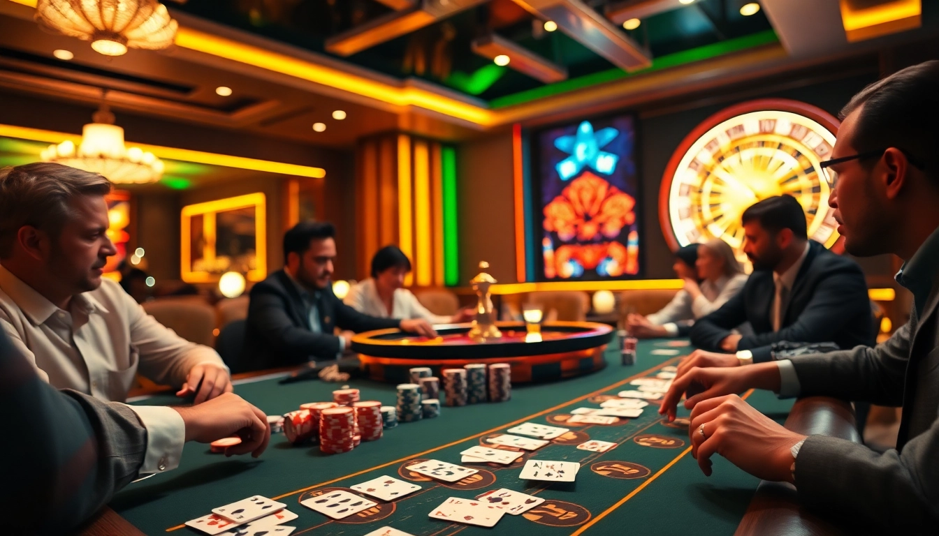 Play at https://i9bet.space/ with a vibrant poker scene showcasing players, cards, and chips.