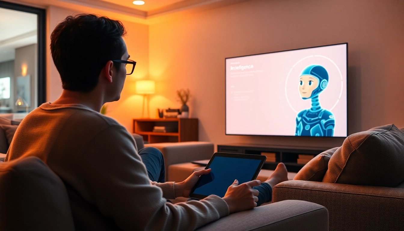 Engaging conversation with a friendly sex ai character displayed on a screen in a cozy living room.