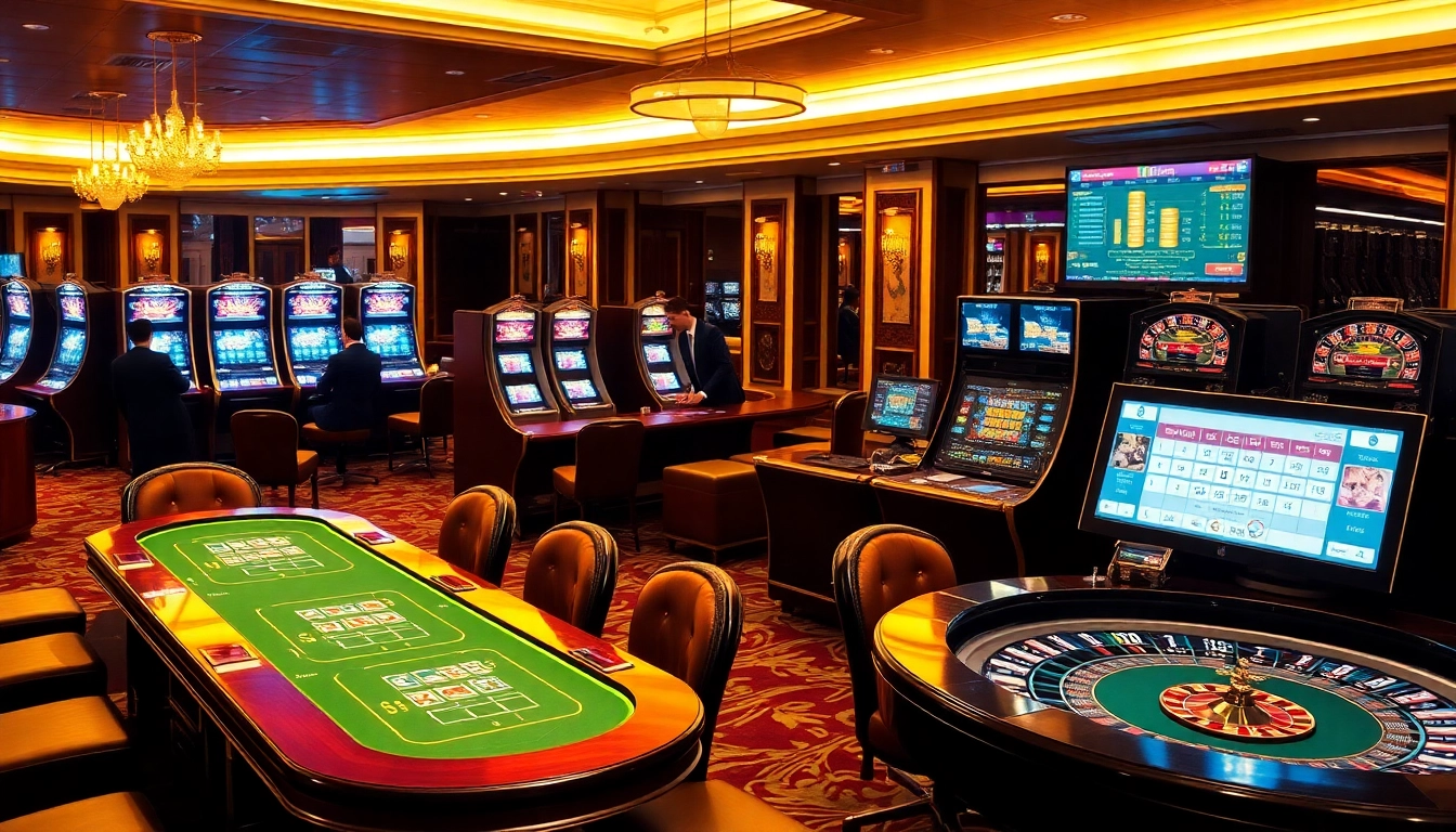 Engaging online casino scene showcasing nhà cái uy tín with poker tables and vibrant slot machines.