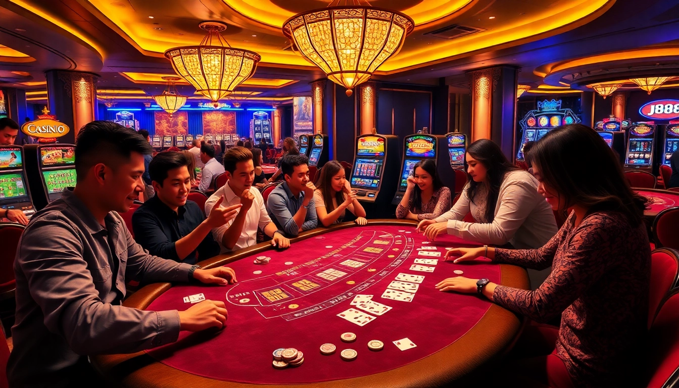 Intense players strategizing at the j88 blackjack table in a vibrant casino.
