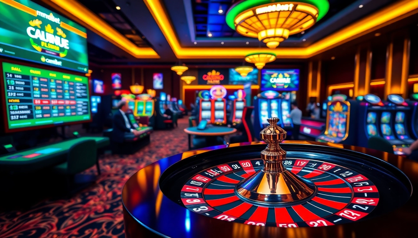 An engaging virtual casino scene featuring mm88bet, with roulette, slots, and lively players.