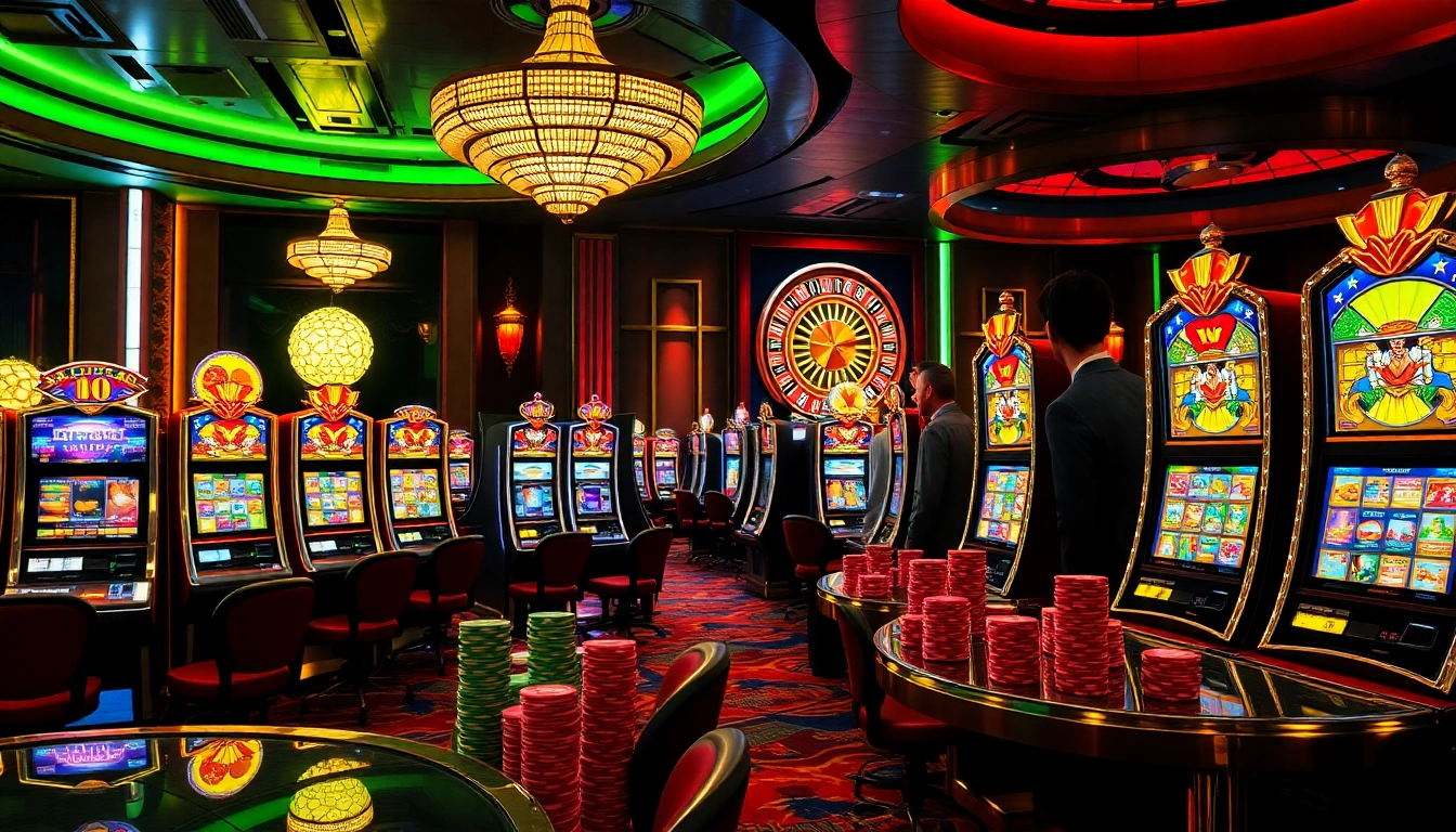 Nổ hũ players enjoying high-stakes slots in a vibrant casino environment.