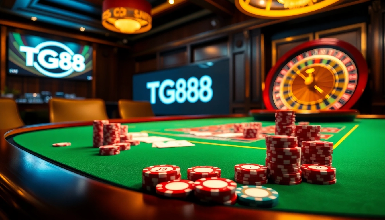 Engaging gameplay at TG88.to's online casino, featuring poker chips and a roulette wheel.