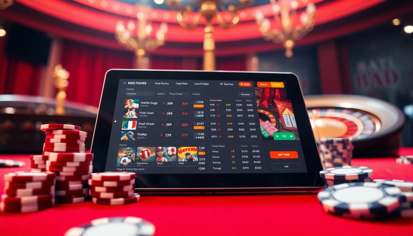 Engaging scene of sports betting Malaysia featuring digital betting interface and casino elements.
