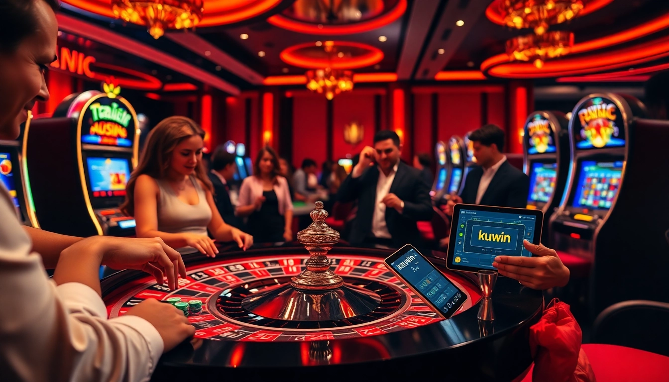 kuwin players excitedly betting at a roulette table in a luxurious casino setting