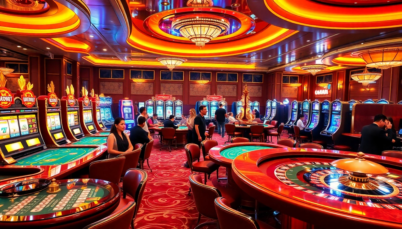 Engaged players celebrating at a Nhà cái uy tín casino, enjoying lively games and slot machines.