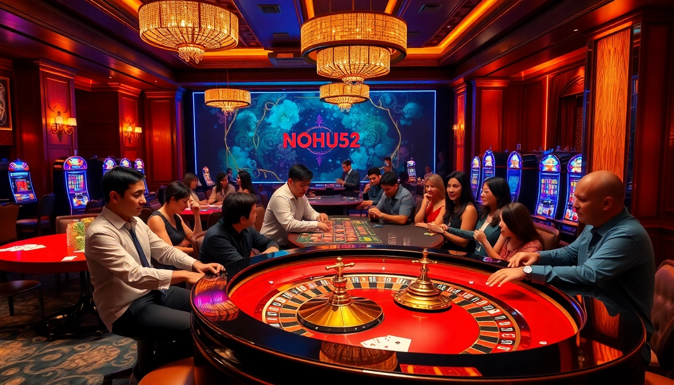 NOHU52 players celebrating wins at a luxurious casino table, embodying excitement and thrill.
