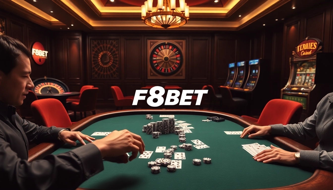 Experience thrilling online gaming at https://f8bet.io/ with elite poker players competing at a luxurious casino table.
