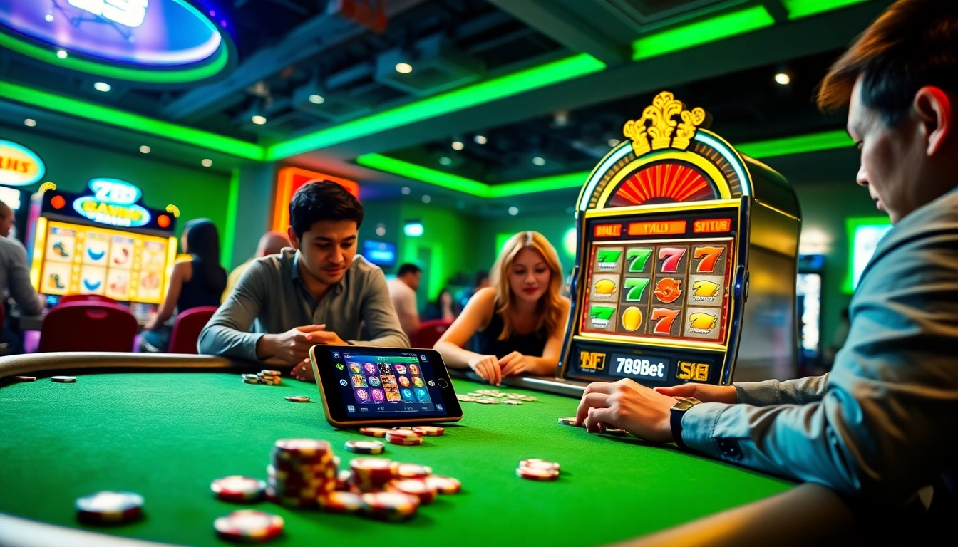 Exciting 789bet online casino scene with players at a vibrant poker table and colorful slot machines.