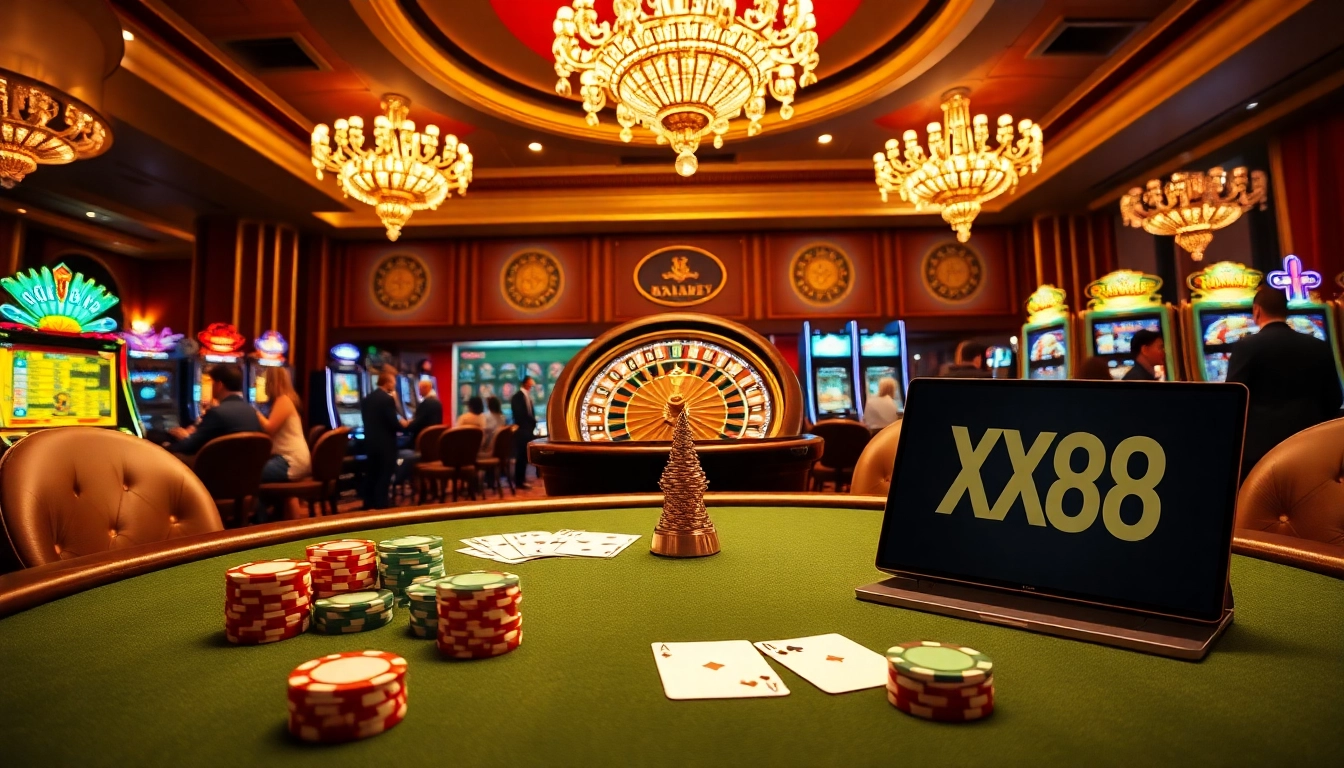 Players enjoying poker at a luxurious casino table with XX88 branding and bright slot machines.