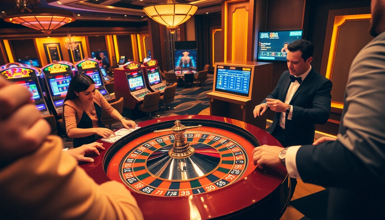 Enjoy thrilling games at 88AA casino with vibrant roulette table and enthusiastic players.